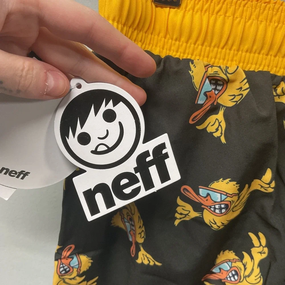Neff Boys 2XL Black‎ Yellow Fired Up Pucky AOP Swim Trunks Shorts New